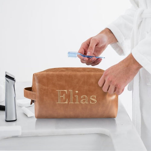 Embroidered Custom Toiletry Bag - Tan