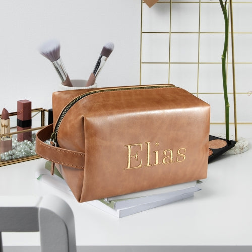 Embroidered Custom Toiletry Bag - Tan